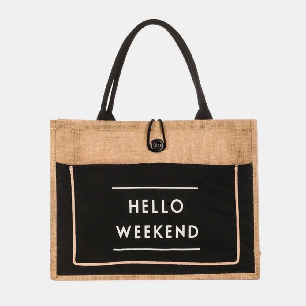 Fame Hello Weekend Burlap Tote Bag - Picture 2 of 8